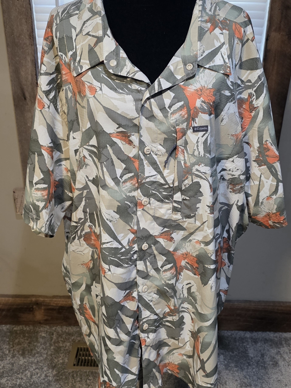 Columbia Men’s Short-Sleeve Tropical Button-Down Shirt - Olive & Orange